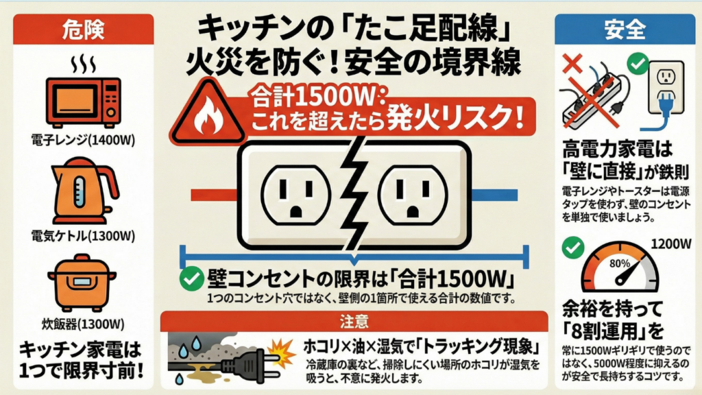 キッチンの電気火災を防ぐための注意点。壁コンセントの合計上限1500Wを守ること、高電力家電は壁に直接繋ぐこと、ホコリによるトラッキング現象に注意することをイラストで解説しています。