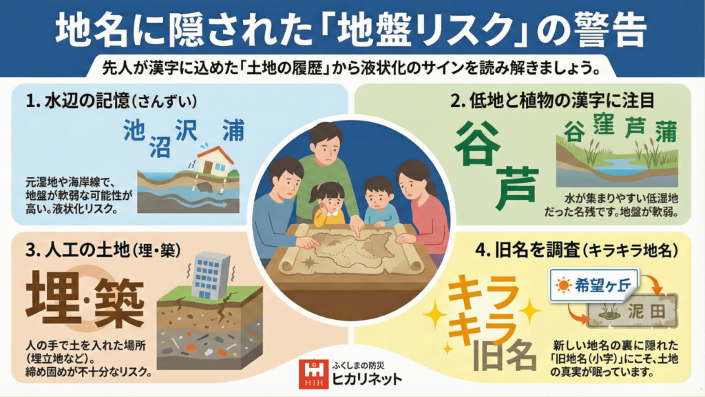 地名に隠れた地盤リスクを解説する図解イラスト｜池・沢・谷・埋立地・旧地名から液状化や軟弱地盤を見抜く防災ポイント
