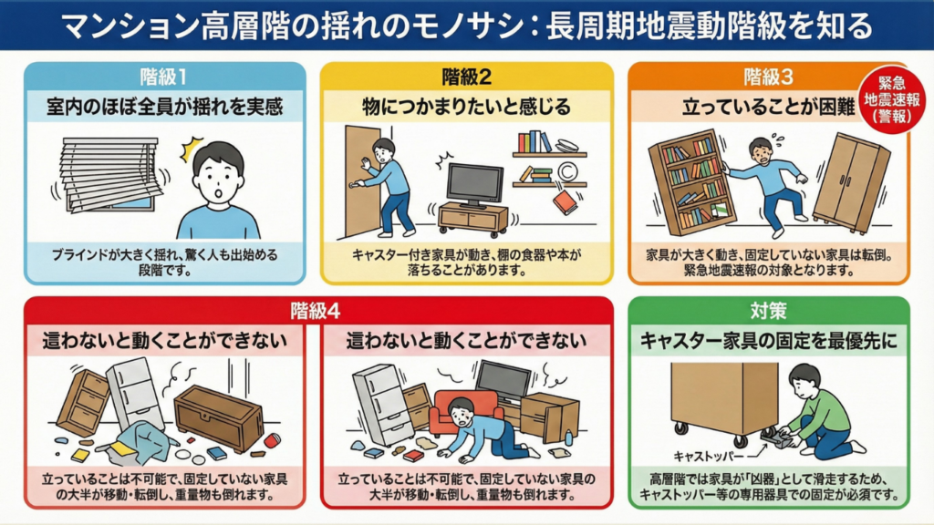 「マンション高層階の揺れのモノサシ：長周期地震動階級を知る」というタイトルのインフォグラフィック。長周期地震動の4つの階級ごとの揺れの程度、室内の状況、人の様子、そして対策をイラストと文章で解説している。

階級1（青色背景）は「室内のほぼ全員が揺れを実感」。ブラインドが揺れ、男性が驚いているイラスト。「ブラインドが大きく揺れ、驚く人も出始める段階です。」と記載。 階級2（黄色背景）は「物につかまりたいと感じる」。ドアノブにつかまる人、キャスター付きテレビ台が動き、棚から本が落ちるイラスト。「キャスター付き家具が動き、棚の食器や本が落ちることがあります。」と記載。 階級3（オレンジ色背景）は「立っていることが困難」で「緊急地震速報（警報）」の対象。本棚やタンスが倒れそうになり、人がバランスを崩しているイラスト。「家具が大きく動き、固定していない家具は転倒。緊急地震速報の対象となります。」と記載。 階級4（赤色背景）は「這わないと動くことができない」。タンス、冷蔵庫、棚などが倒れ、物が散乱した部屋で人が這っているイラスト。「立っていることは不可能で、固定していない家具の大半が移動・転倒し、重量物も倒れます。」と記載。 対策（緑色背景）は「キャスター家具の固定を最優先に」。男性が家具のキャスターに「キャストッパー」を取り付けているイラスト。「高層階では家具が『凶器』として滑走するため、キャストッパー等の専用器具での固定が必須です。」と記載されている。