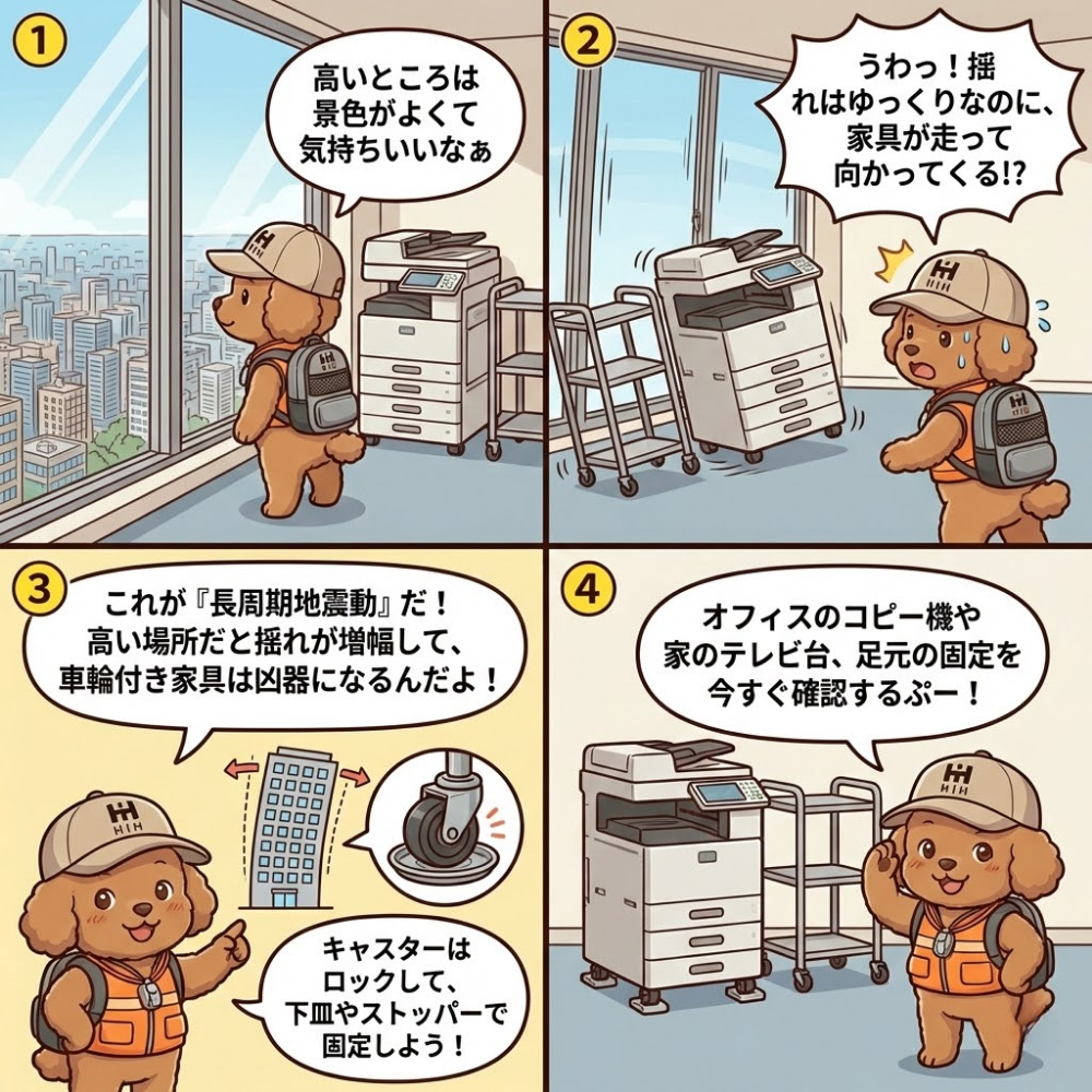 高層階で長周期地震動によりコピー機やキャスター付き家具が動き出す危険性と固定対策を伝える防災漫画