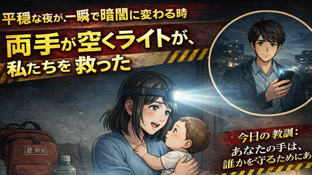停電した夜にヘッドライトを装着した母親が赤ちゃんを抱きしめる防災イラスト｜両手が空くライトで家族を守る備えの重要性