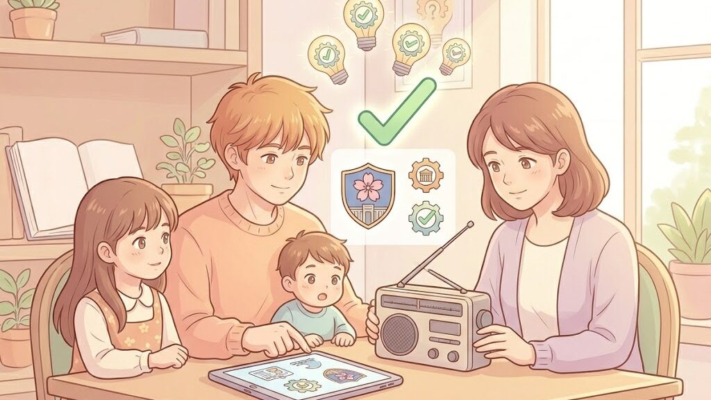 ラジオと公式サイトで情報確認する家族のアニメ調イラスト