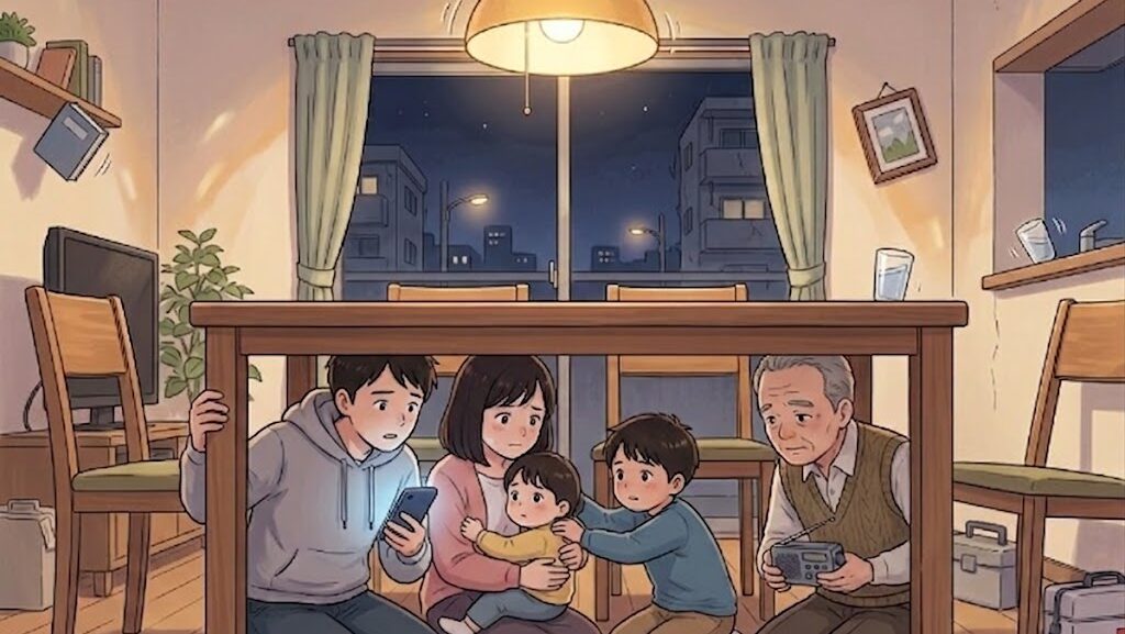 夜の地震で室内に避難する家族のアニメ調イラスト