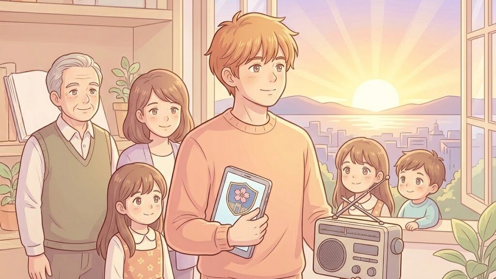 スマートフォンとラジオを持ち希望を見据えるキャラクターのアニメ調イラスト