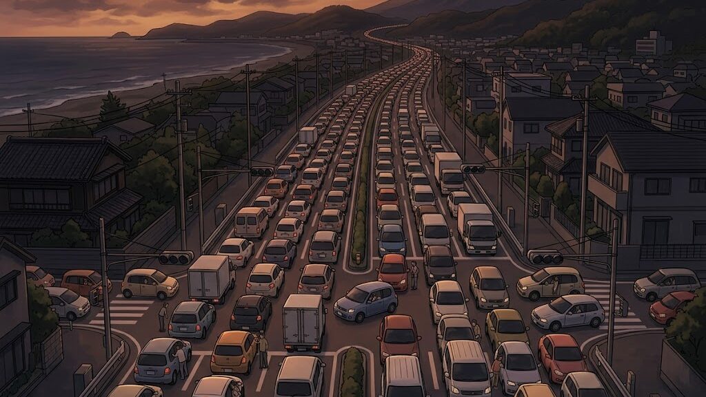 津波避難で車が渋滞した道路のイメージ——幹線道路に並ぶ自動車の俯瞰アニメ調イラスト