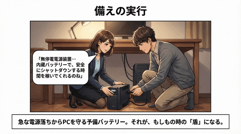 デスクの下で、夫婦協力してUPSを設置。「予備バッテリー」が、急な電源落ちからパソコンを守る頼もしい盾になります。