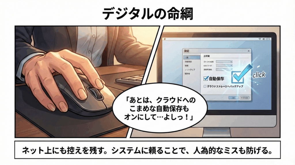 さらに、クラウドへの「自動保存」機能もオンに設定。システムに頼ることで、保存し忘れなどの人為的なミスを二重に防ぎます。