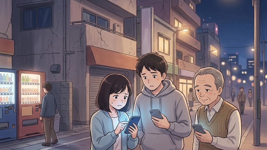 夜の地震後の街でスマートフォンを見つめる市民たちのアニメ調イラスト