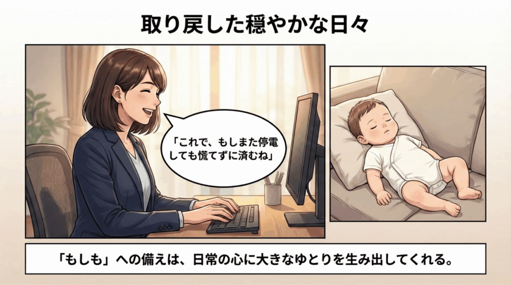 「これで停電しても慌てない」と笑顔で仕事に向かう母親。傍らでは赤ちゃんが安心しきった表情でスヤスヤと眠っています。
