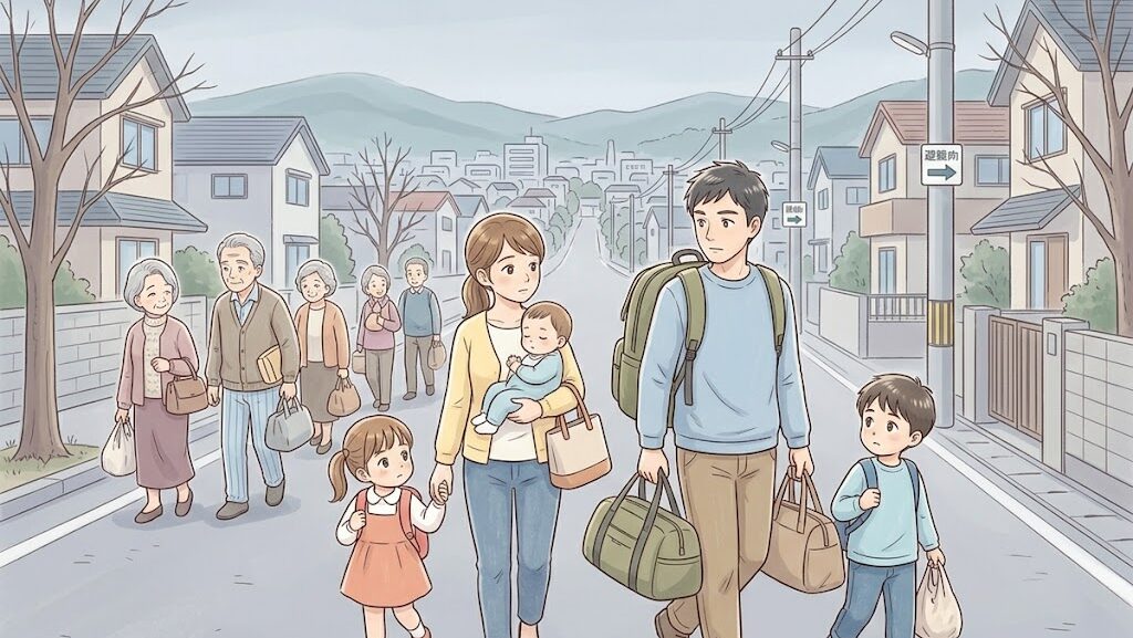 避難する家族を描いたアニメ調イラスト