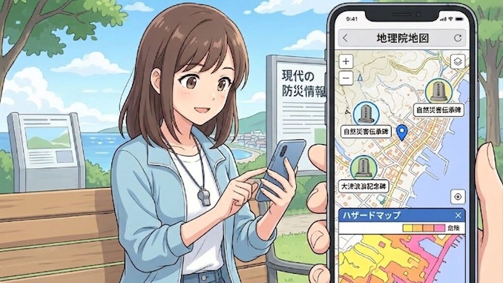 スマートフォンで自然災害伝承碑を確認する人のアニメイラスト