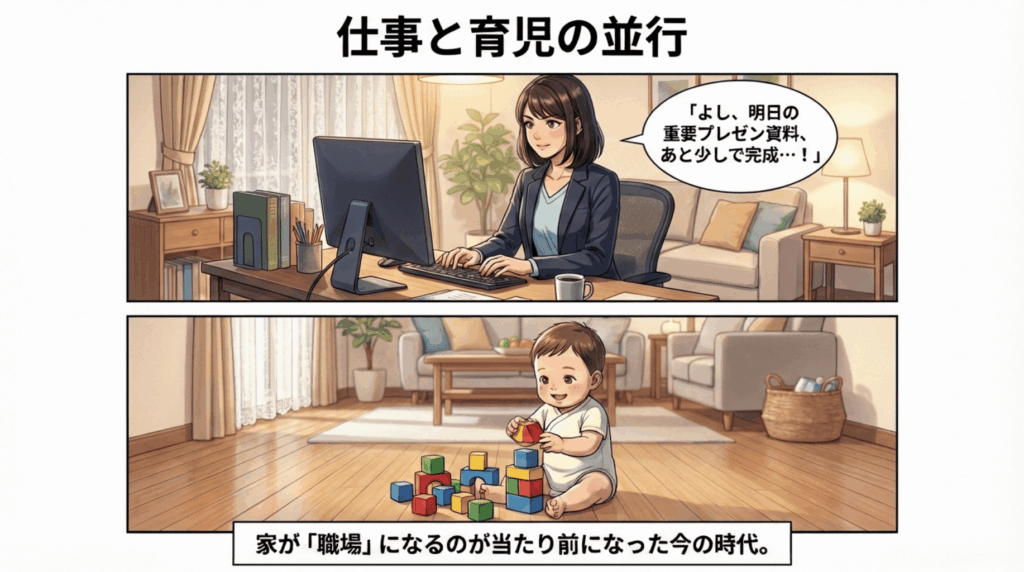 明日の重要プレゼンに向けてパソコンで作業する母親と、その足元で機嫌よく遊ぶ赤ちゃん。現代の一般的な「家が職場」の風景です。