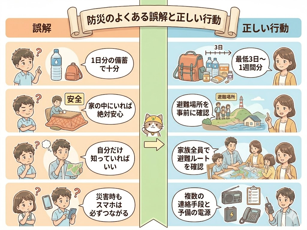 防災の誤解と正しい行動を比較した教育的イラスト
