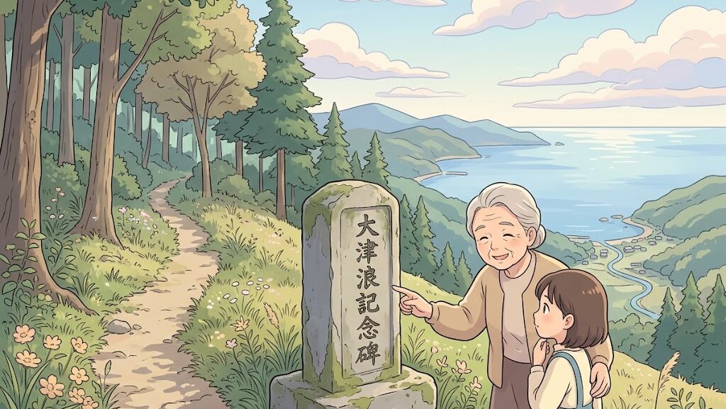 山の中腹に立つ大津浪記念碑と三陸の海のイラスト