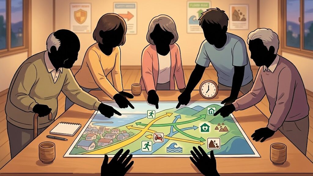 地域の人々が避難マップを囲んで話し合う共助のイメージイラスト