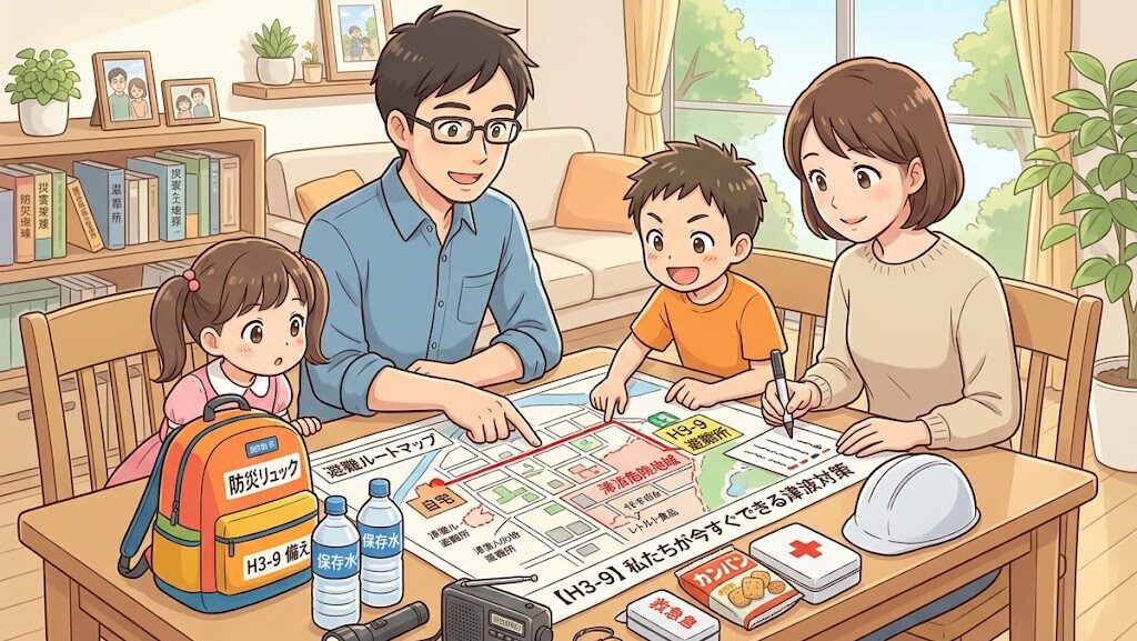 家族で避難ルートと防災グッズを確認しているアニメイラスト