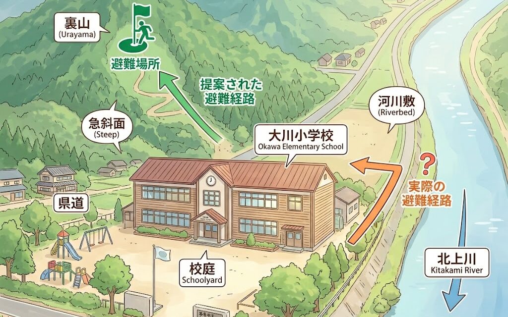 大川小学校周辺の地形と避難経路を示す俯瞰イラスト