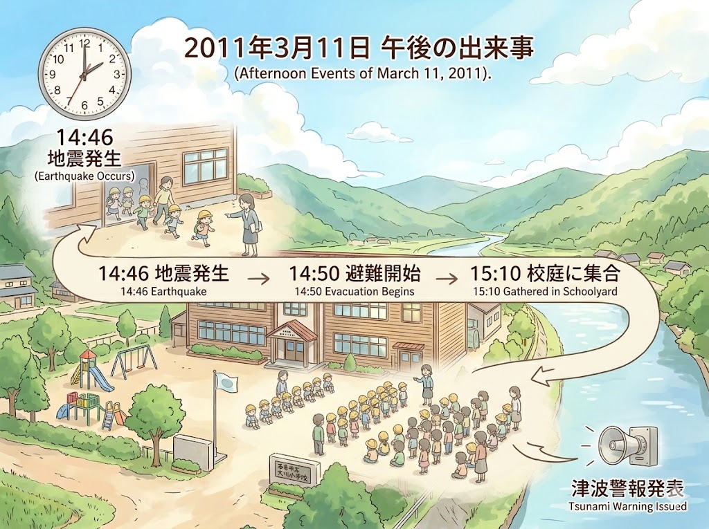 2011年3月11日の時系列を示す教育的なイラスト
