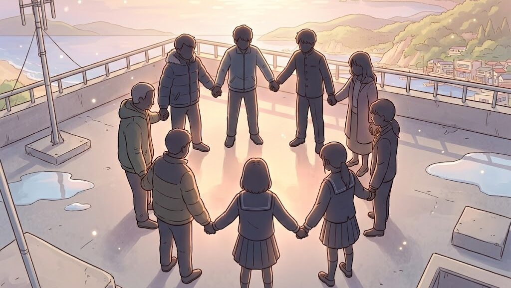 屋上で互いを支え合う人々の円陣をイメージしたイラスト