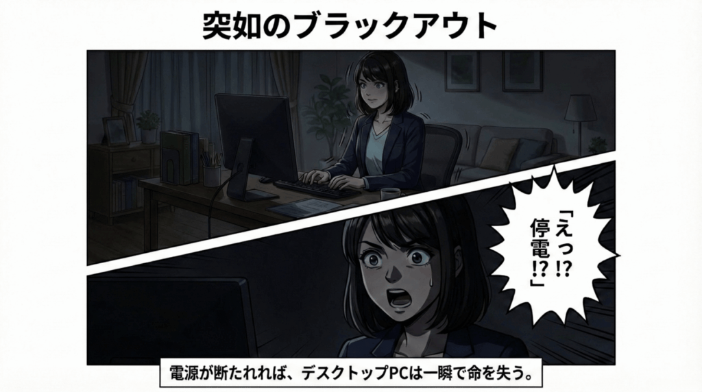 突然の停電により部屋が真っ暗に。デスクトップパソコンの電源が突然落ち、母親は「えっ！？」と驚き固まっています。