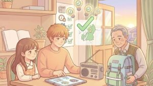 ■ 5. アイキャッチ画像プロンプト＋ALTタグ プロンプト：A soft anime-style illustration depicting a Japanese family calmly sitting together checking information on a smartphone and radio during an emergency, one family member holding a disaster preparedness bag, warm hopeful atmosphere, sunrise visible through window, educational tone connecting past lessons to present action, warm pastel colors, clean line art, original character design, no copyrighted elements, no disaster damage depiction, safe for all ages, no text, no letters, no words, no typography, 4:3 ratio ALTタグ：熊本地震の教訓を学び防災情報を確認する家族のアニメ調アイキャッチイラスト