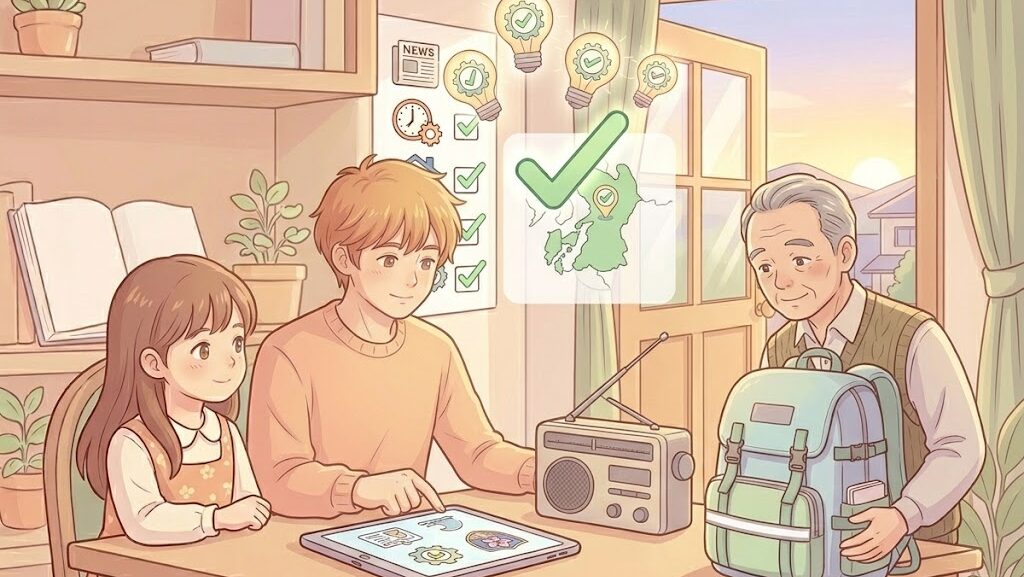 ■ 5. アイキャッチ画像プロンプト+ALTタグ プロンプト:A soft anime-style illustration depicting a Japanese family calmly sitting together checking information on a smartphone and radio during an emergency, one family member holding a disaster preparedness bag, warm hopeful atmosphere, sunrise visible through window, educational tone connecting past lessons to present action, warm pastel colors, clean line art, original character design, no copyrighted elements, no disaster damage depiction, safe for all ages, no text, no letters, no words, no typography, 4:3 ratio ALTタグ:熊本地震の教訓を学び防災情報を確認する家族のアニメ調アイキャッチイラスト