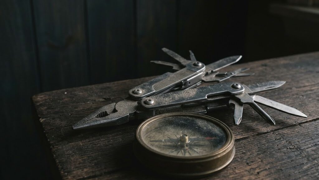 使い慣れていない多機能ツールとコンパスの接写