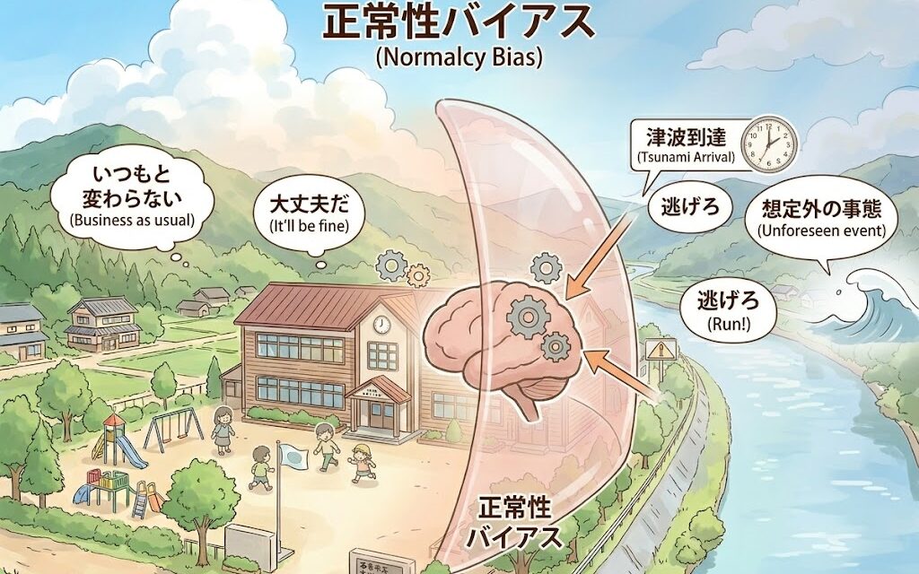 正常性バイアスの心理メカニズムを示す教育的なイラスト