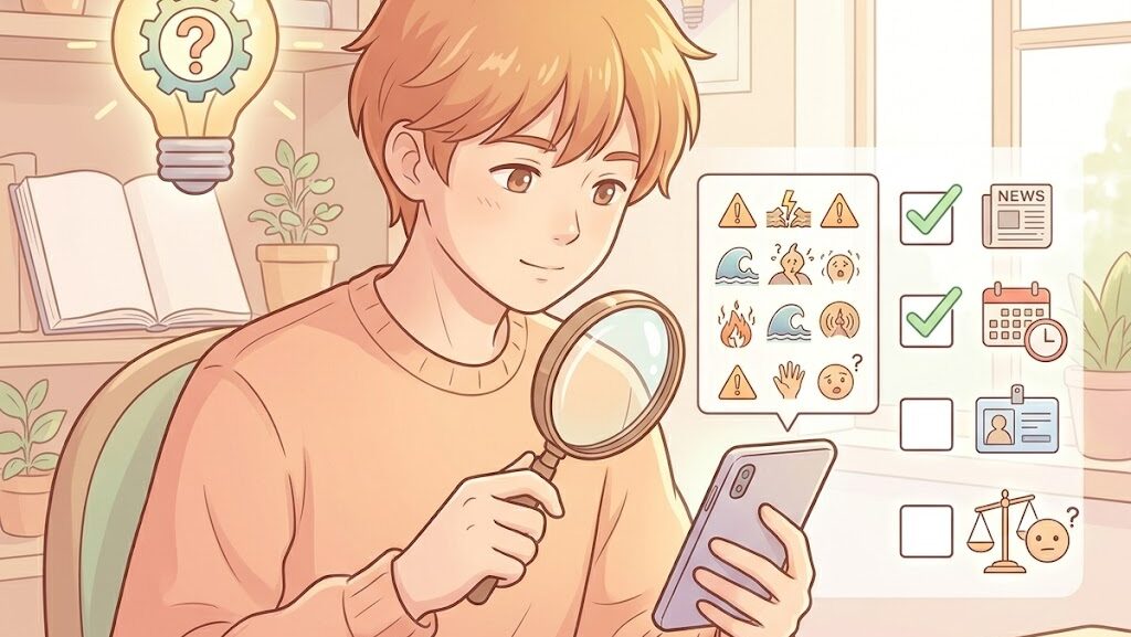 スマートフォンの情報を虫眼鏡で確認するキャラクターのアニメ調イラスト