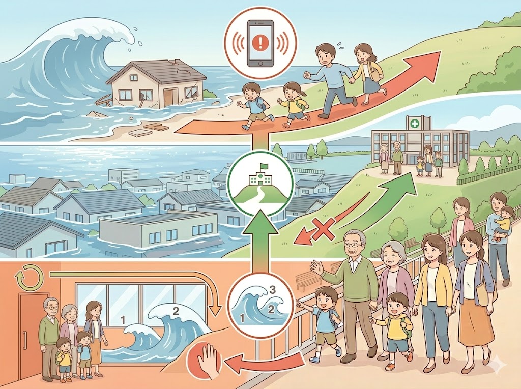 津波から命を守る避難3原則を示したイラスト図解