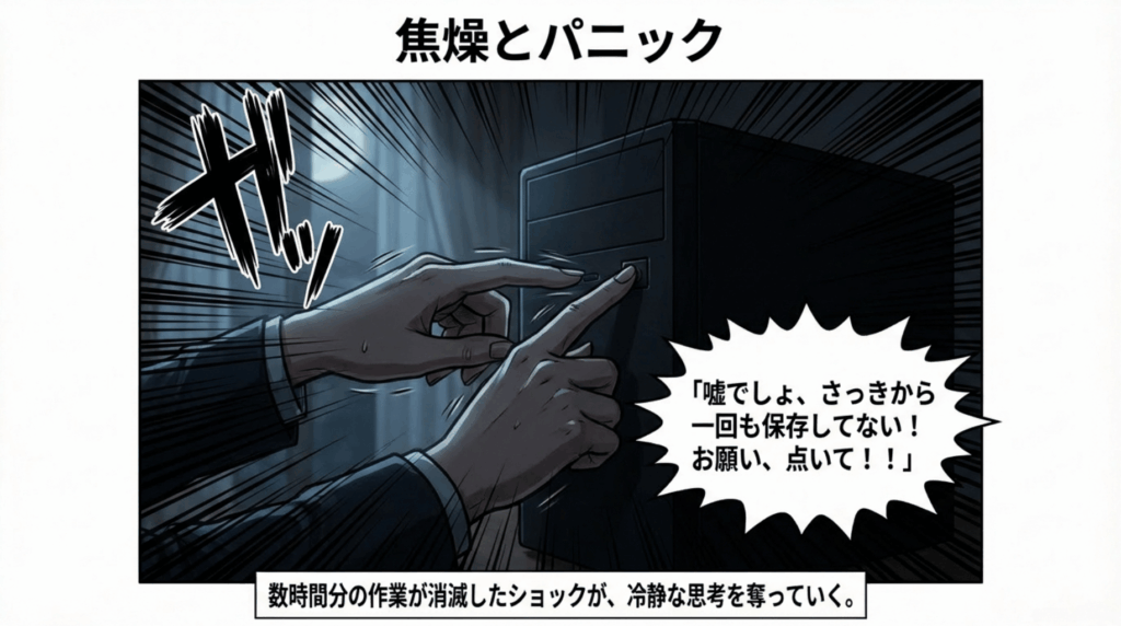 暗闇の中、必死にパソコンの電源ボタンを連打する手。「一回も保存していない」という事実に、冷静な思考が奪われていきます。