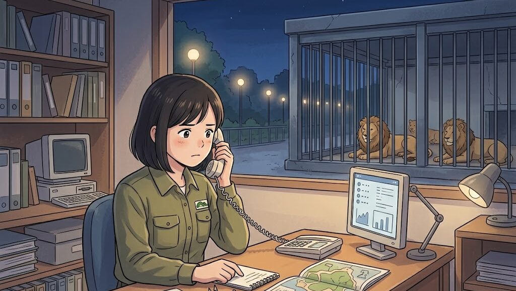 夜間に電話対応する動物園スタッフとライオン舎のアニメ調イラスト