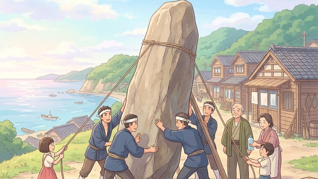 昭和の漁村で高台に石碑を建てる人々のアニメイラスト