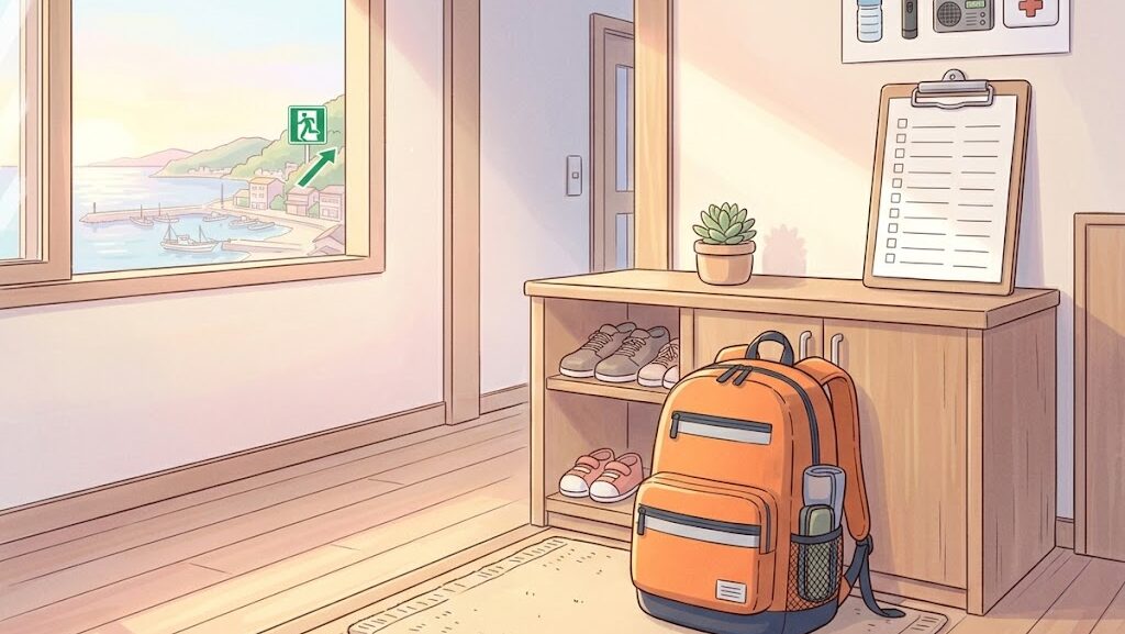 玄関に置かれた防災リュックと備えのイメージ——今日からできる津波避難準備のイラスト