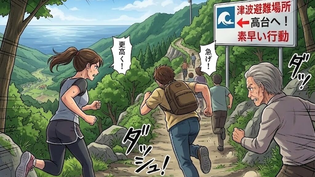 地震後すぐに高台へ避難する人々のアニメイラスト