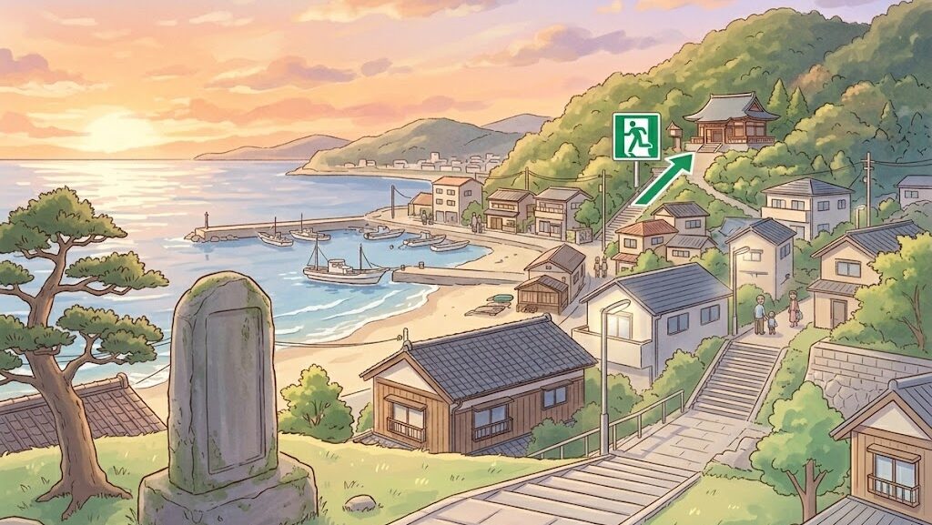 東日本大震災の教訓と未来への希望をつなぐ、海と高台の沿岸イメージイラスト