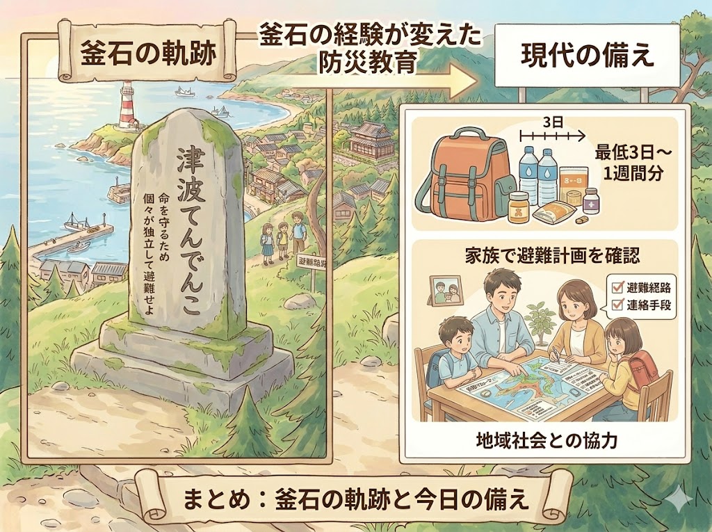 夜明けの海を見つめる防災士のアニメ風イラスト