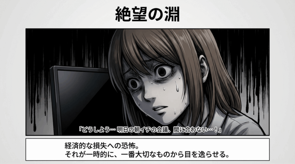 真っ黒な画面を前に「明日の会議に間に合わない」と絶望する母親。仕事への責任感と焦りが、周りの状況を見えなくさせています。