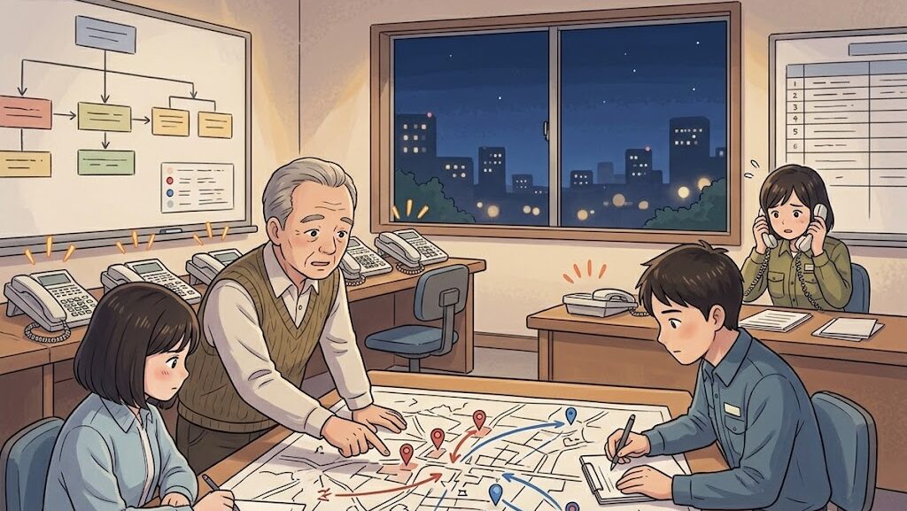 災害対策本部で情報整理にあたる職員のアニメ調イラスト