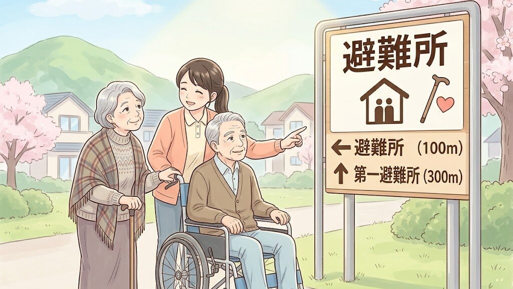 要支援者の避難を支援する様子のアニメ調イラスト