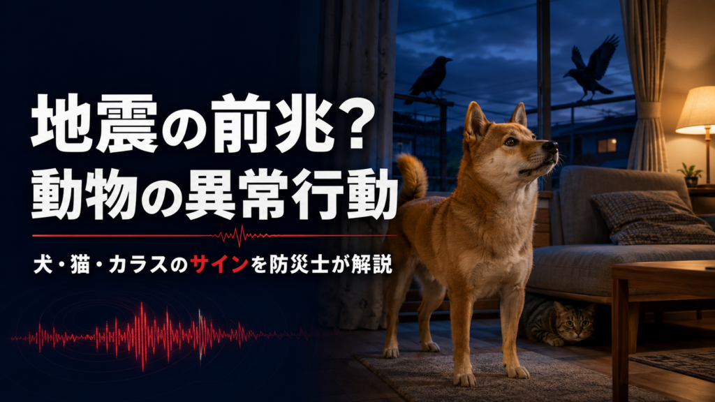 地震の前兆として考えられる犬・猫・カラスの異常行動を、室内で警戒する動物たちと地震波で表した防災解説画像