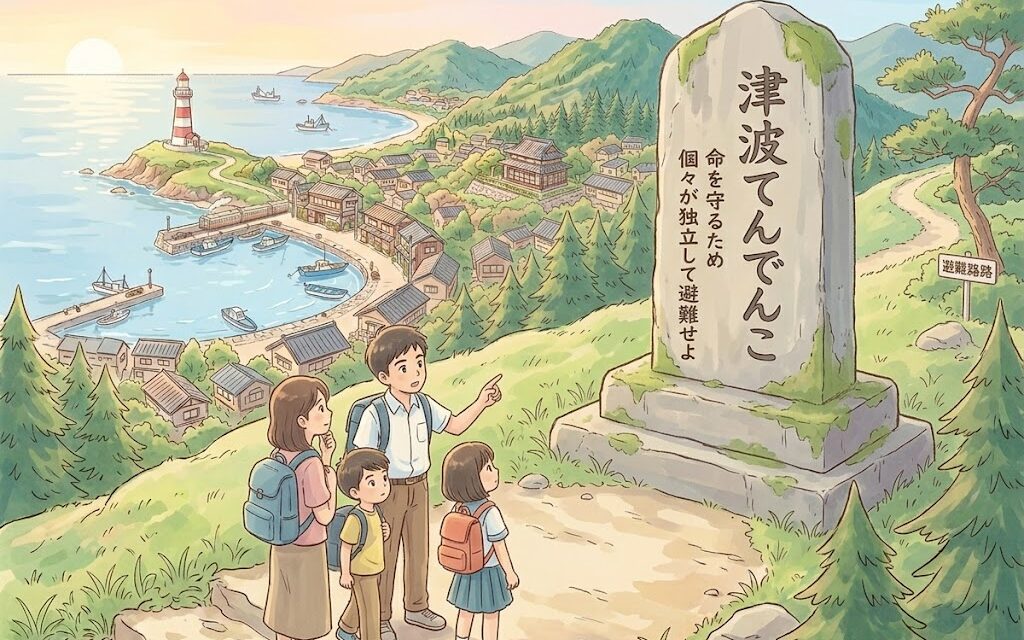 三陸地方の津波記念碑と家族を描いたアニメ風イラスト