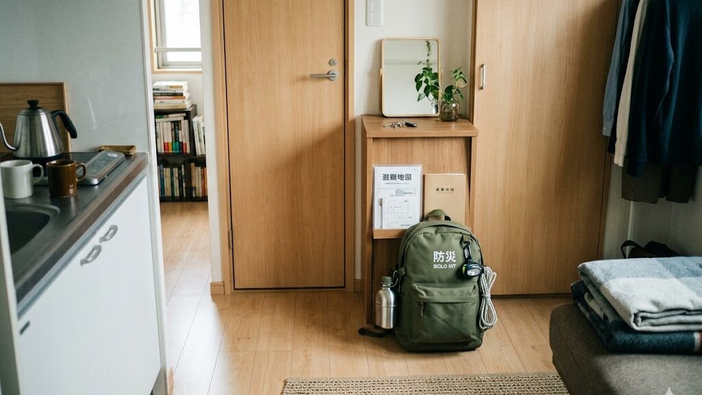 一人暮らしの玄関に置かれたコンパクトな防災リュック
