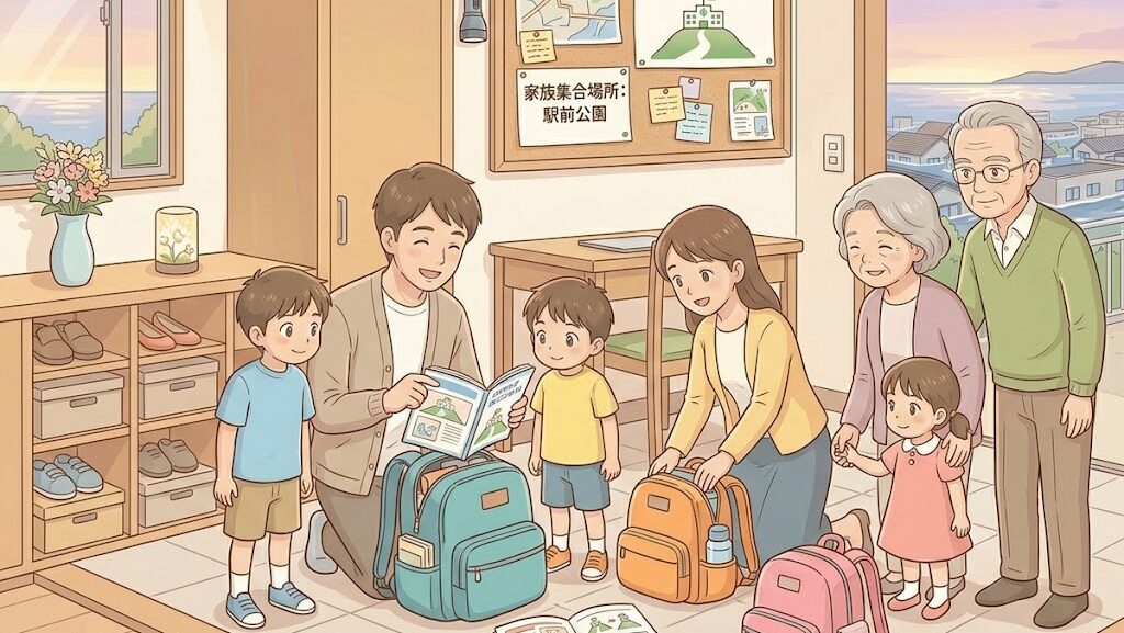 防災リュックを確認する家族のイメージイラスト