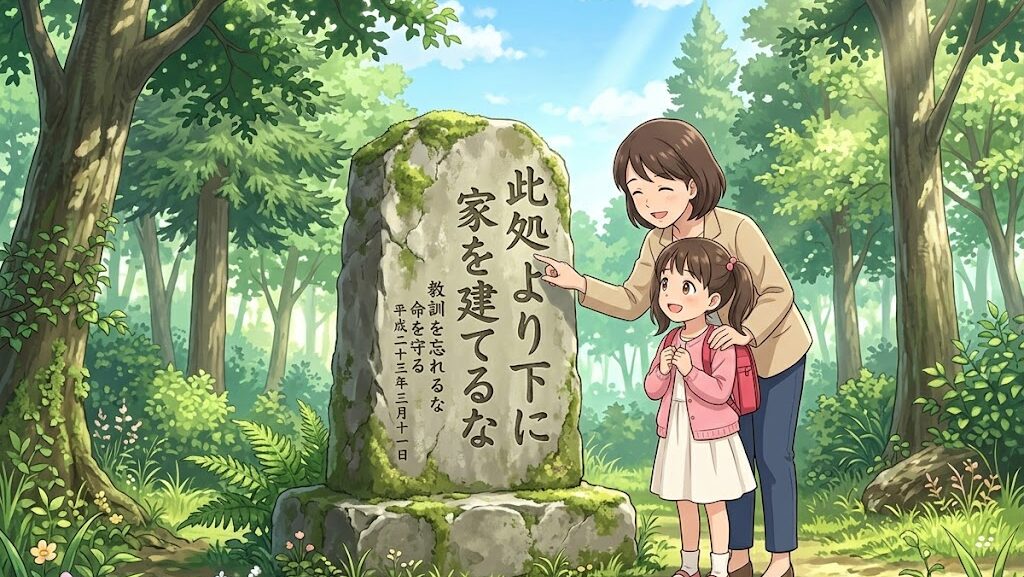 石碑の碑文を親子で読んでいるアニメイラスト