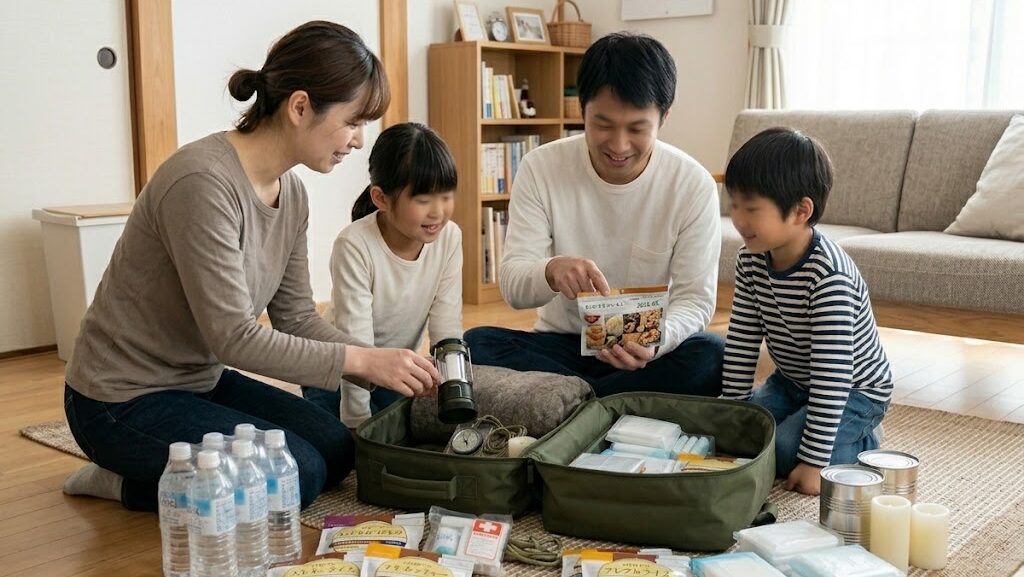 家族で防災グッズの中身を定期的に見直している様子
