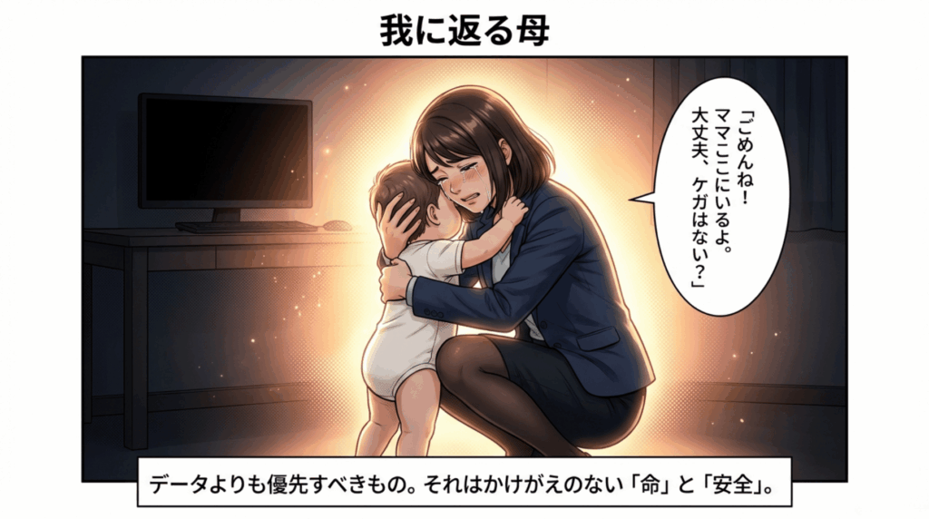 ハッとして赤ちゃんを強く抱きしめる母親。「データよりも命と安全が一番大切だ」と気づき、涙を流して無事を確認します。