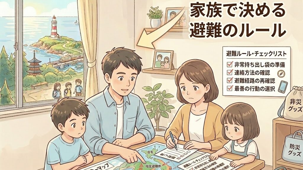 家族で避難ルールを話し合うアニメ風イラスト