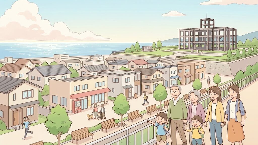 復興した南三陸町と震災遺構が共存する風景のイメージイラスト