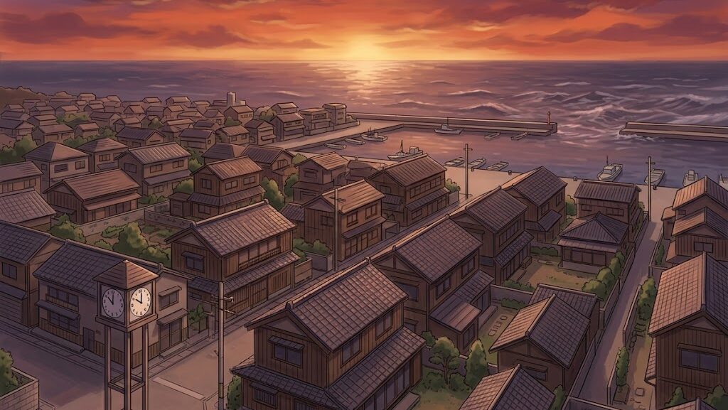 東日本大震災発生直後の沿岸部のイメージイラスト——地震発生時刻を示す時計と海の遠景